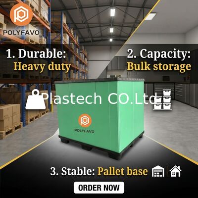 Épaisseur de paroi de la boîte en vrac pliable 10 mm 12 mm Options, découpes personnalisées Fenêtres, imprimante de logo de la boîte de palettes remboursable empilable